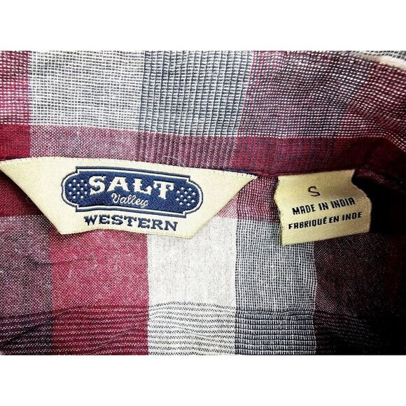 Salt Valley Size Small Mens Marron White Gray Check Pearl Snap Logo Cotton Shirt - Picture 4 of 11